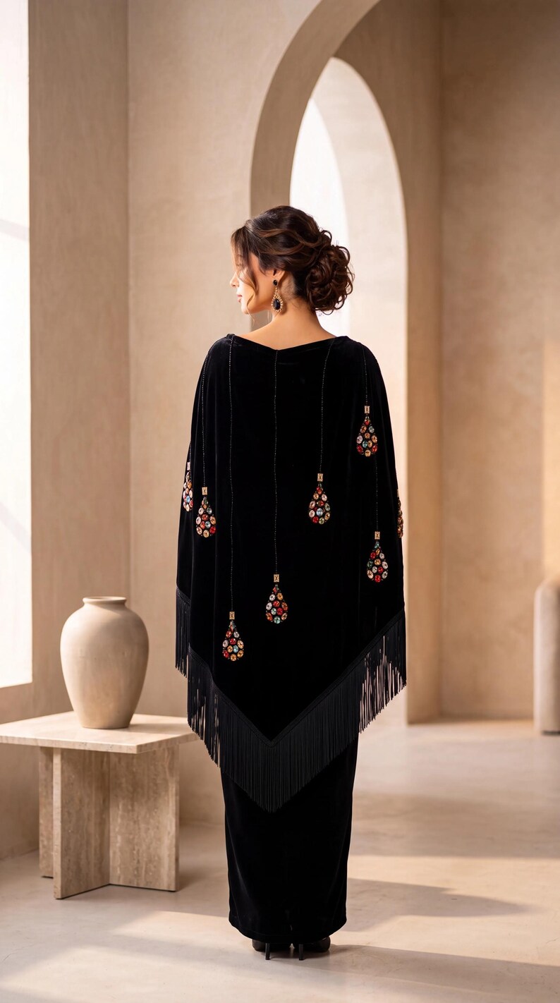 A black velvet poncho featuring a V-shaped hemline with long black fringe trim. The garment is adorned with vertical beaded strands that end in teardrop-shaped pendants encrusted with multicolored crystals and small metallic accents.