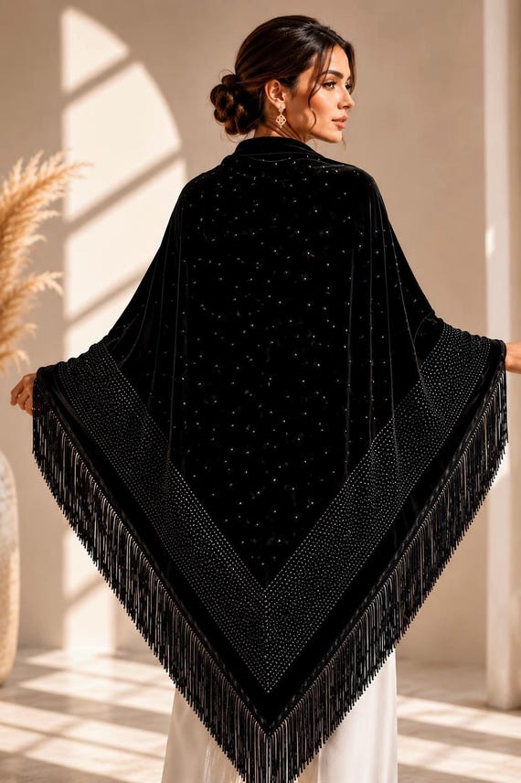 Black Velvet Shawl with Crystal Embellishment, New Year's Eve Wrap, Sparkly Evening Cover Up