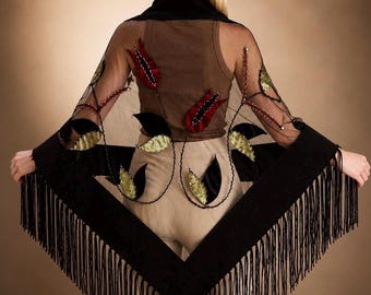 Luxury Tulle Shawl, Beaded Floral Appliqué, Fringe Knit Edge Evening Shawl