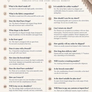An informational graphic titled Frequently Asked Questions Velvet Triangle Shawl. The document lists twenty numbered questions and answers regarding product composition, care instructions, shipping, and usage of a velvet triangle shawl.