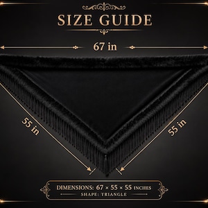 A black triangular shawl featuring a soft fur-like trim along the top edge and long fringe along the two bottom sides. The size guide indicates dimensions of 67 inches by 55 inches by 55 inches with arrows showing the measured lengths.