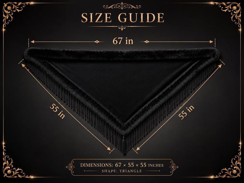 A black triangular shawl featuring a soft fur-like trim along the top edge and long fringe along the two bottom sides. The size guide indicates dimensions of 67 inches by 55 inches by 55 inches with arrows showing the measured lengths.