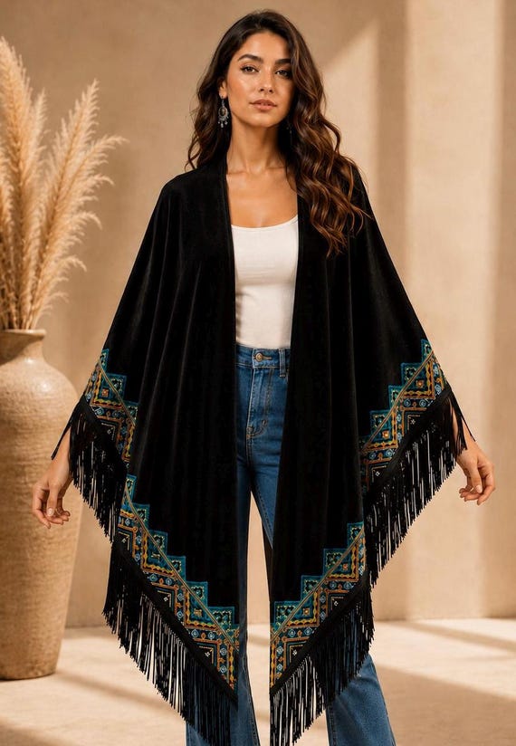Black Velvet Shawl, Embroidered Evening Wrap, Bohemian Shawl