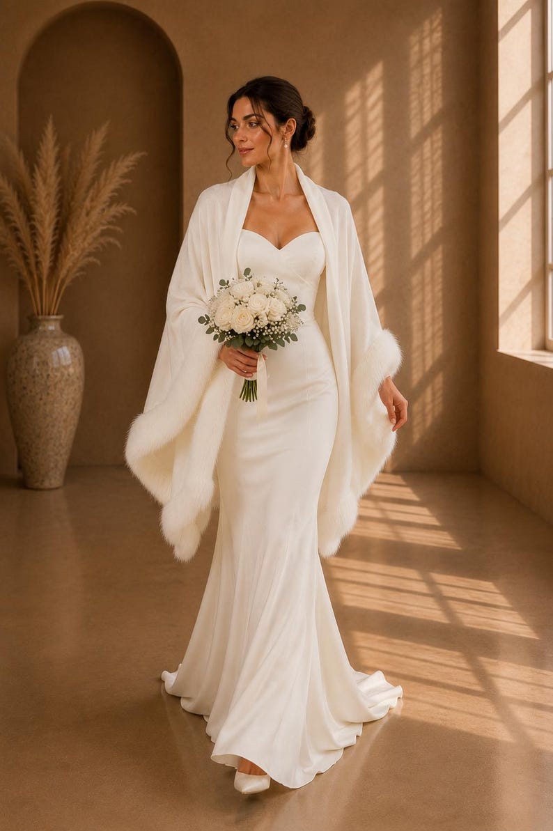 Bride walking in a satin wedding dress wearing an ivory faux fur bridal shawl, elegant winter wedding cover up with soft draped silhouette.