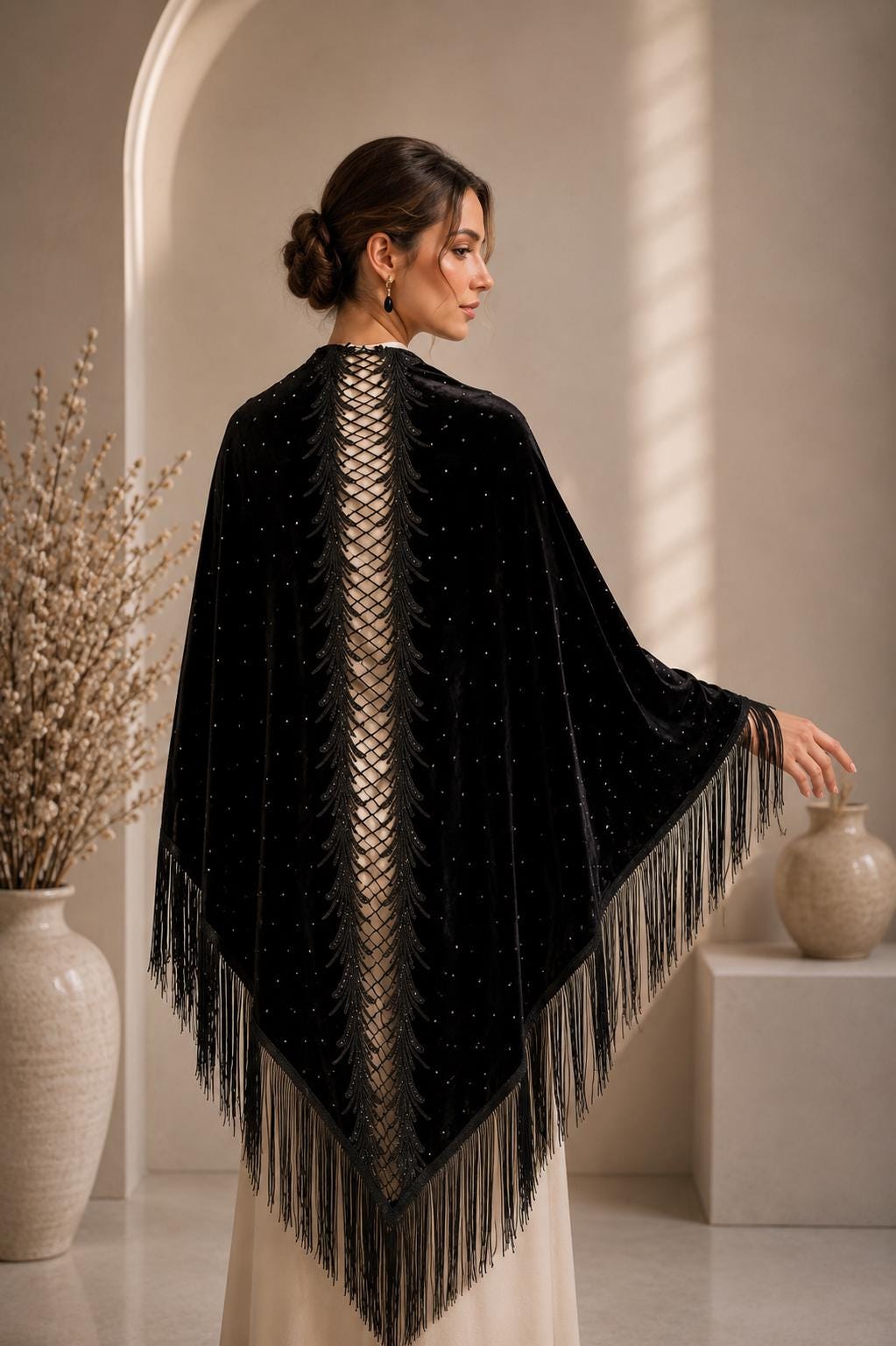 Luxury Velvet Evening Shawl Black Embroidered Back Panel Wrap Wedding ...