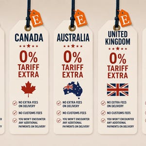 May include: Five off-white rectangular hanging tags with dark blue text and orange E-tags. Each tag displays a country name, 0% TARIFF EXTRA, a national symbol, and three bullet points stating no extra fees, no customs fees, and no additional payments.