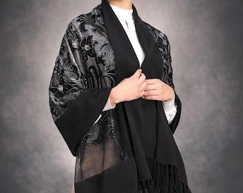 Black Embroidered Evening Shawl, Elegant Wool Wrap, Floral Tulle Cover Up