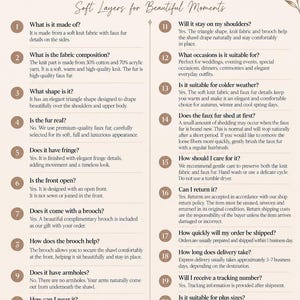 An informational document titled Mandorle Collection Frequently Asked Questions for a knit triangle shawl with faux fur. The text outlines twenty points regarding fabric composition, shape, care instructions, and usage of the garment.