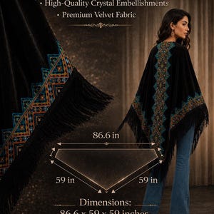 Black velvet shawl with crystal embellishments and fringe. The handmade design features a detailed pattern in teal, orange, and gold. Dimensions are 86.6 x 59 x 59 inches. The text reads "Luxurious Velvet Shawl".