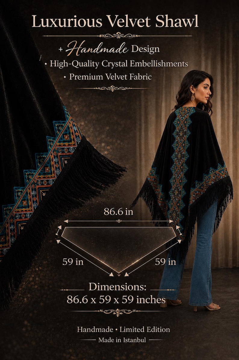 Black velvet shawl with crystal embellishments and fringe. The handmade design features a detailed pattern in teal, orange, and gold. Dimensions are 86.6 x 59 x 59 inches. The text reads "Luxurious Velvet Shawl".