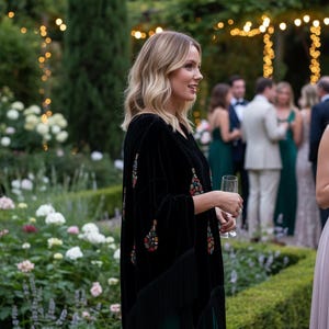 May include: A black velvet poncho featuring colorful embroidered paisley patterns and long fringe trim along the hemline, worn over a solid dark green floor-length dress. The garment has a loose, draped silhouette with wide sleeves.