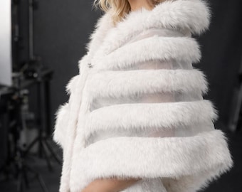 Zachte sjaal van imitatiebont, ivoorkleurige avondsjaal, elegante omslagdoek voor speciale gelegenheden