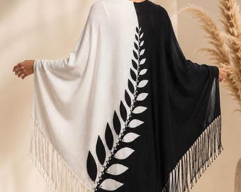 Black White Wool Shawl, Embroidered Leaf Evening Wrap, Rhinestone Detail