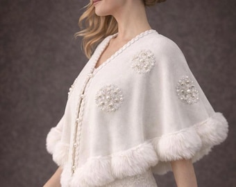 Ivory Bridal Knit Shawl, Pearl Crystal Embellishments, Wedding Cape
