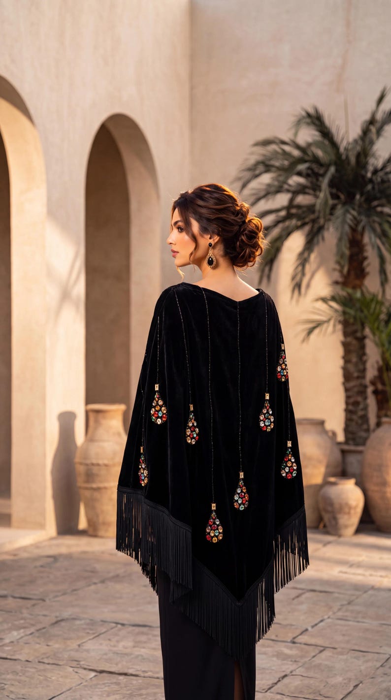 May include: A black velvet poncho featuring long fringe trim along the hem and vertical rows of dangling, teardrop-shaped embellishments adorned with multicolored crystals. The garment has a V-shaped silhouette and a smooth, dark fabric texture.