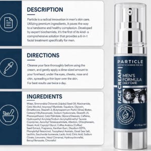 K&ouml;nnte beinhalten: Eine silberne und marineblaue Particle-Gesichtscreme-Flasche mit dem Text "Men's Formula Daily Care". Das Produkt ist f&uuml;r die Hautpflege von M&auml;nnern konzipiert und enth&auml;lt essentielle Inhaltsstoffe. Die Flasche ist 50 ml.