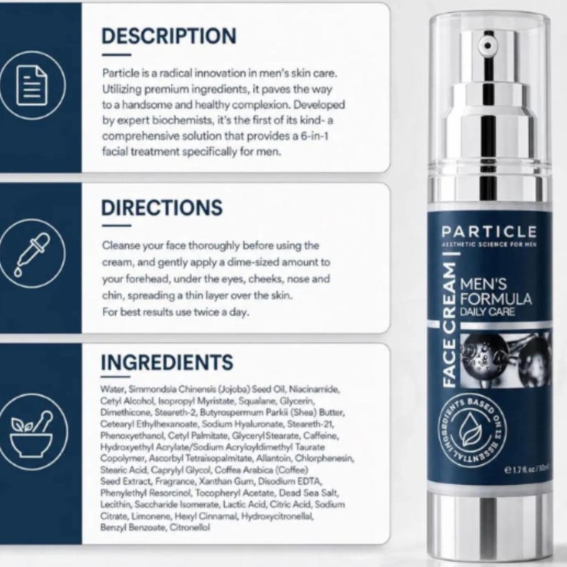 K&ouml;nnte beinhalten: Eine silberne und marineblaue Particle-Gesichtscreme-Flasche mit dem Text "Men's Formula Daily Care". Das Produkt ist f&uuml;r die Hautpflege von M&auml;nnern konzipiert und enth&auml;lt essentielle Inhaltsstoffe. Die Flasche ist 50 ml.
