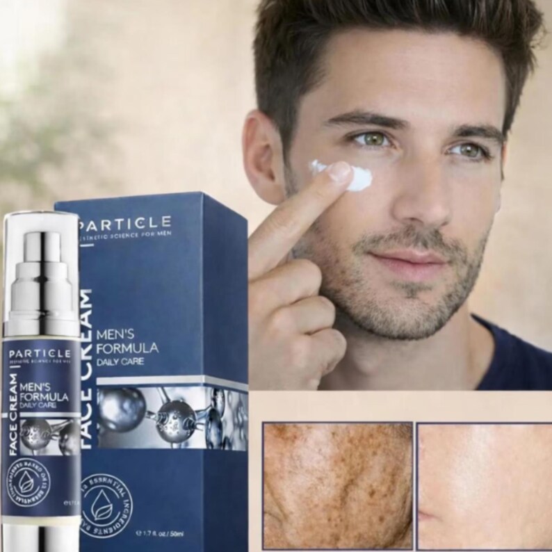 K&ouml;nnte beinhalten: Ein Hautpflegeprodukt f&uuml;r M&auml;nner, mit einer blauen Schachtel und einer Pumpflasche. Auf der Schachtel steht "PARTICLE" und "MEN'S FORMULA DAILY CARE". Ein Mann tr&auml;gt Creme auf sein Gesicht auf. Das Bild enth&auml;lt auch Vorher-Nachher-Beispiele.