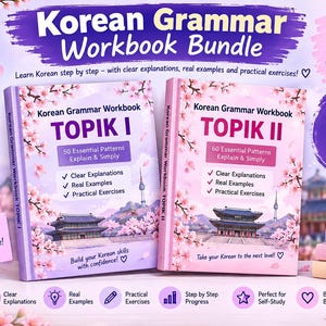 Puede incluir: Un paquete de dos libros de ejercicios de gramática coreana titulados TOPIK I y TOPIK II. Las portadas de color rosa claro muestran ilustraciones de flores de cerezo y arquitectura tradicional con el texto 50 y 60 Essential Patterns.
