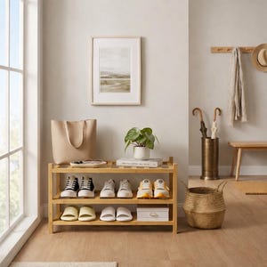 Puede incluir: Un zapatero de madera clara con tres estantes, que contiene varios zapatos, zapatillas y una caja blanca. Una bolsa tote beige, una impresión de paisaje enmarcada y una pequeña planta en maceta encima. La habitación tiene una paleta de colores neutros.