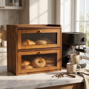 May include: A two-tier wooden bread bin with fluted glass doors and small brass knobs. The top shelf contains baked goods, while the bottom shelf holds a bagel. Beside it sits a black espresso machine with a steaming cup and scattered coffee beans.