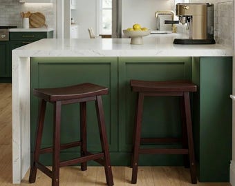 Solid Wood Saddle Counter Stool 24 Inch, Walnut Finish Beechwood Barstool for Kitchen Island, Ergonomic Contoured Breakfast Bar Chair