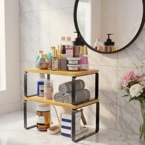 Stackable Bamboo Organizer, Expandable Wooden Kitchen Countertop Storage