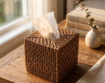 Rattan Tissue Box Cover, Woven Tissue Holder, Boho Bathroom Decor, Square Tissue Box Cover, Natural Home Decor