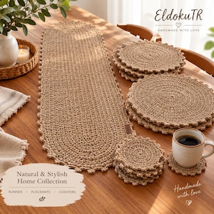 May include: A tan crochet table runner, several round placemats, and a stack of small coasters. The items feature a scalloped edge design. Text in the image includes EldokuTR Handmade with Love and Natural & Stylish Home Collection Runner Placemats Coasters.
