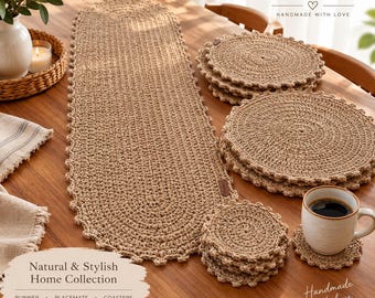 Crochet Table Runner Set, Jute Look Placemats and Coasters, Handmade Boho Dining Decor, Natural Cotton Table Setting, Housewarming Gift