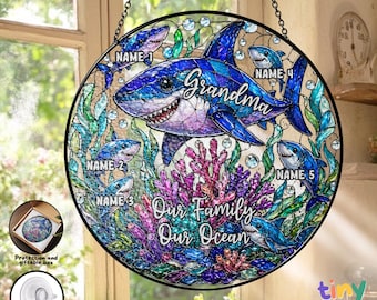 Custom Shark Grandma Family Name Suncatcher, Personalized Mom Grandkids Name Stained Glass