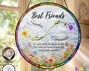 Attrape-soleil personnalisé en vitrail meilleurs amis, cadeau d'amitié avec nom personnalisé, décoration suspendue de fenêtre cadeau d'anniversaire Bestie
