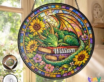 Custom Cute Book Dragon Book Lover Name Stained Glass Suncatcher, Personalized Fantasy Bookish Readers Window Hanging