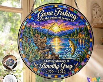 Personalized Fisherman Memorial Stained Glass Suncatcher, Custom Angler Tribute Fishing Lake Sunset In Loving Memory Sympathy Gift Decor