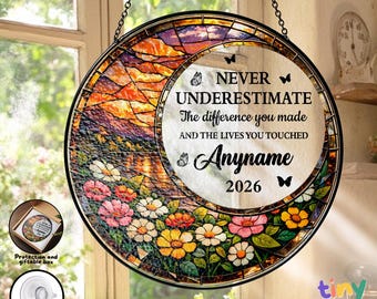 Personalized Retirement Stained Glass Suncatcher, Scenic Floral Window Hanging, Custom Name 2026 Appreciation Gift for Teacher Coworker