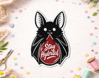 Stay Hydrated Cute Gothic Bat Patch, Spooky Vampire Witchy Halloween Embroidered Patches for Backpacks, Clothes, Jean, Jacket, Bag, Gift
