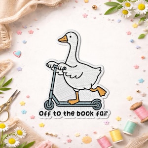 Off To The Book Fair Patch, Funny Duck Scooter School Librarian Reading Teacher Book Lover Patches For Clothes, Jackets, Backpacks, Hats