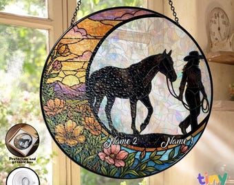 Custom Name Pet Horse Memorial Stained Glass Suncatcher, Personalized Name Horse Lover Cowgirl