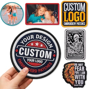 May include: A collection of embroidered patches including a circular photo patch, a rectangular photo patch, a square patch with the text CUSTOM LOGO EMBROIDERY PATCHES, a circular patch with the text YOUR DESIGN CUSTOM YOUR LOGO EMBROIDERD PATCHES, a rectangular patch with a skeleton reading a book, and a lion patch with the text DO NOT FEAR FOR I AM WITH YOU ISAIAH 41:10.