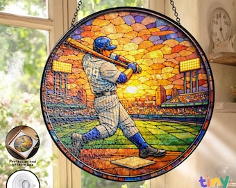 Personalized Baseball Stained Glass Suncatcher, Custom Name Number Baseball Player Window Hanging, Sports Gift for Boys Dad Coach