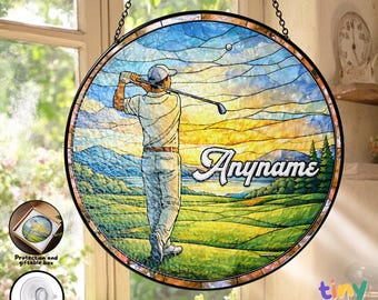Personalized Golf Stained Glass Suncatcher, Golfer Window Hanging Decor, Custom Name Golf Gift for Dad Husband Retirement Gift
