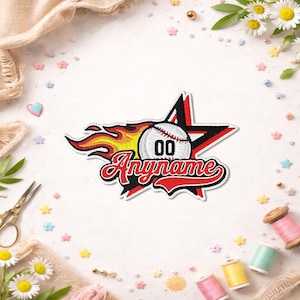 May include: Embroidered baseball patch with a baseball, the number "00", and the word "Anyname" in red script. The baseball is set against a black and red star with flames.