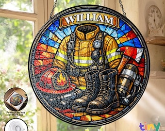 Personalized Firefighter Stained Glass Suncatcher, Custom Fire Department Window Hanging, First Responder Hero Gifts Decor Home