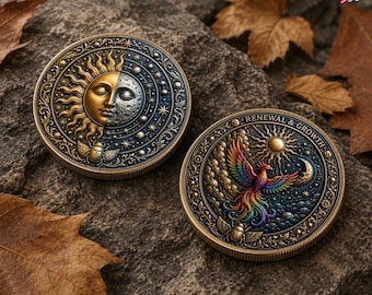Renewal & Growth Challenge Coin, Inspirational Recovery Sobriety Gift, Sun Moon Phoenix Motivation Keepsake for New Beginnings Gift Decor