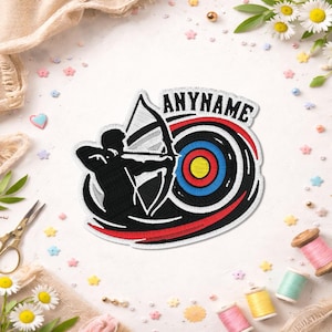 May include: Embroidered patch featuring an archer aiming at a target. The patch is black and white with a red, blue, and yellow target design. The text "ANYNAME" is above the archer. Perfect for archery enthusiasts.