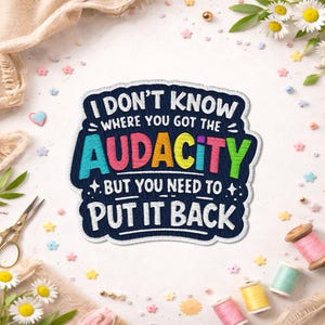 May include: Embroidered patch with the text "I DON'T KNOW WHERE YOU GOT THE AUDACITY BUT YOU NEED TO PUT IT BACK" in colorful letters on a navy blue background. The patch is surrounded by sewing supplies and decorative elements.