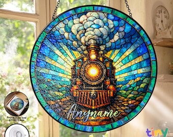 Personalized Train Stained Glass Suncatcher, Steam Locomotive Window Hanging, Custom Name Train Lover Gift Railway Decor Vintage Train Lover