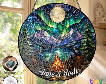 Custom Northern Lights Couple Stained Glass Suncatcher, Personalized Camping Adventure Names Aurora Mountain Window Hanging Gift Decor