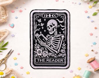 The Reader Skeleton Tarot Patch, Booktrovert Book Lover Sarcastic Skeleton Bookish Reader Embroidered Patches for Backpacks, Clothes