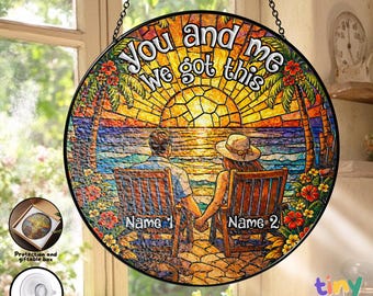 Custom Couple Names Anniversary Stained Glass Suncatcher, Personalized Sunset Beach Holiday Valentines Day